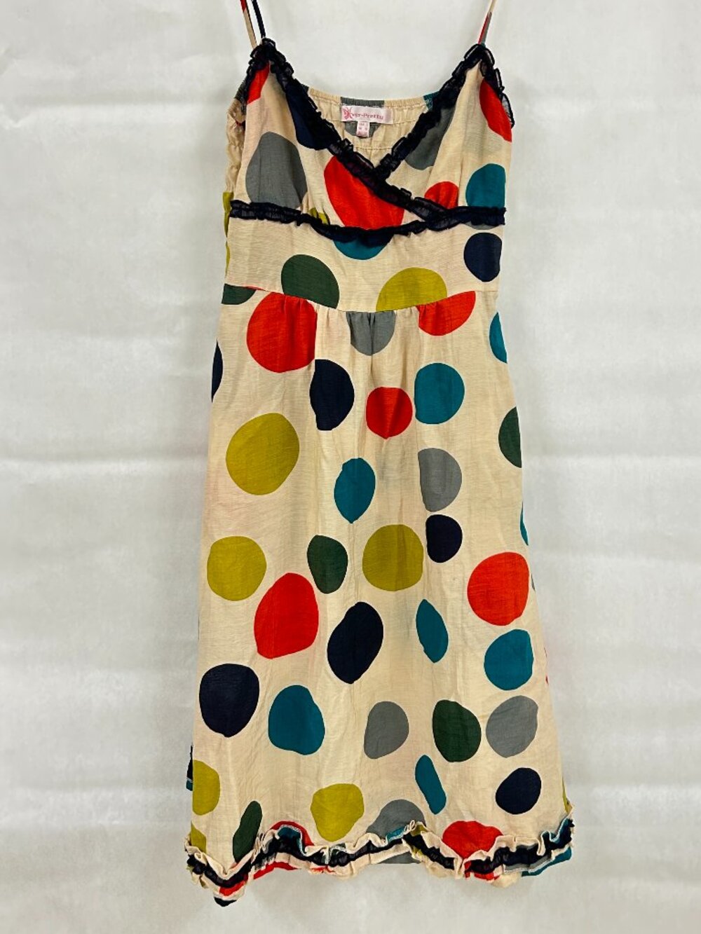 Y2K Polka Dot Slip Dress Colorful Strappy Ruffle Trim Mini Size L Retro Coquette